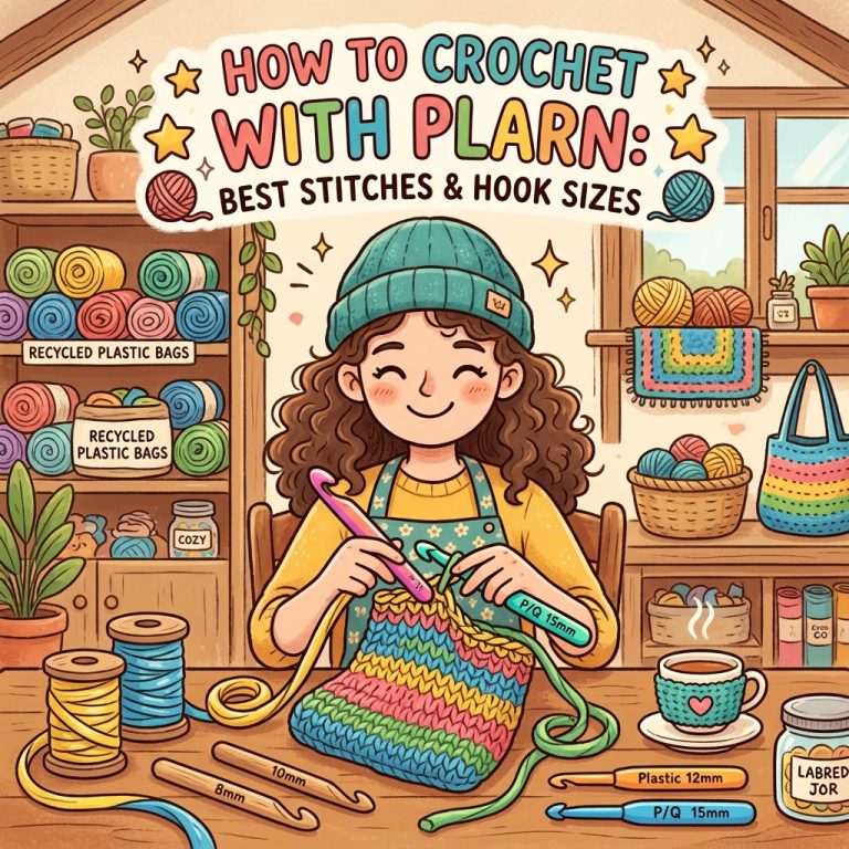 fun image showing how to crochet with plarn