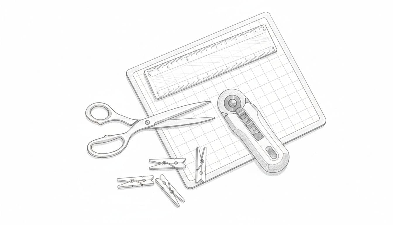 Hand-drawn graphite linework sketch with light shading showing basic plarn tools—scissors, rotary cutter, self-healing mat, ruler, clothespins—laid out top-down on white paper.