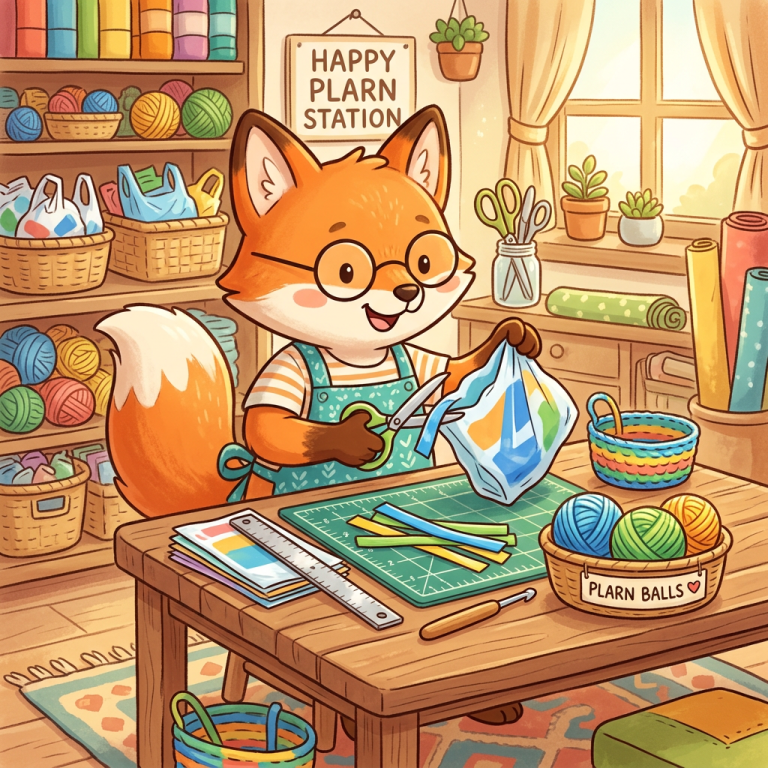 cute image of a fox making plarn