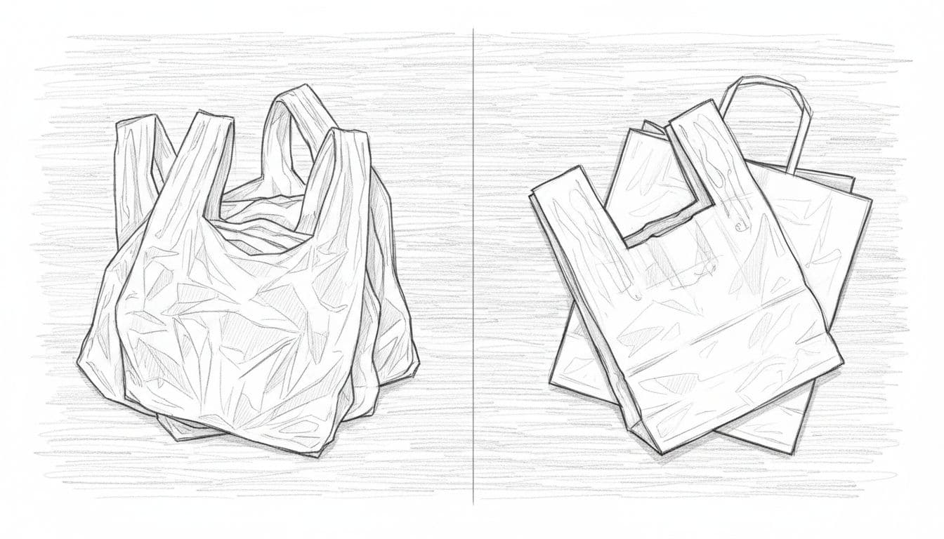 Hand-drawn top-down sketch of plastic grocery bags sorted into two piles on a wooden table: soft stretchy thin bags ideal for plarn versus thick stiff glossy retail bags that are brittle. Graphite linework with light shading on clean light gray paper background.
