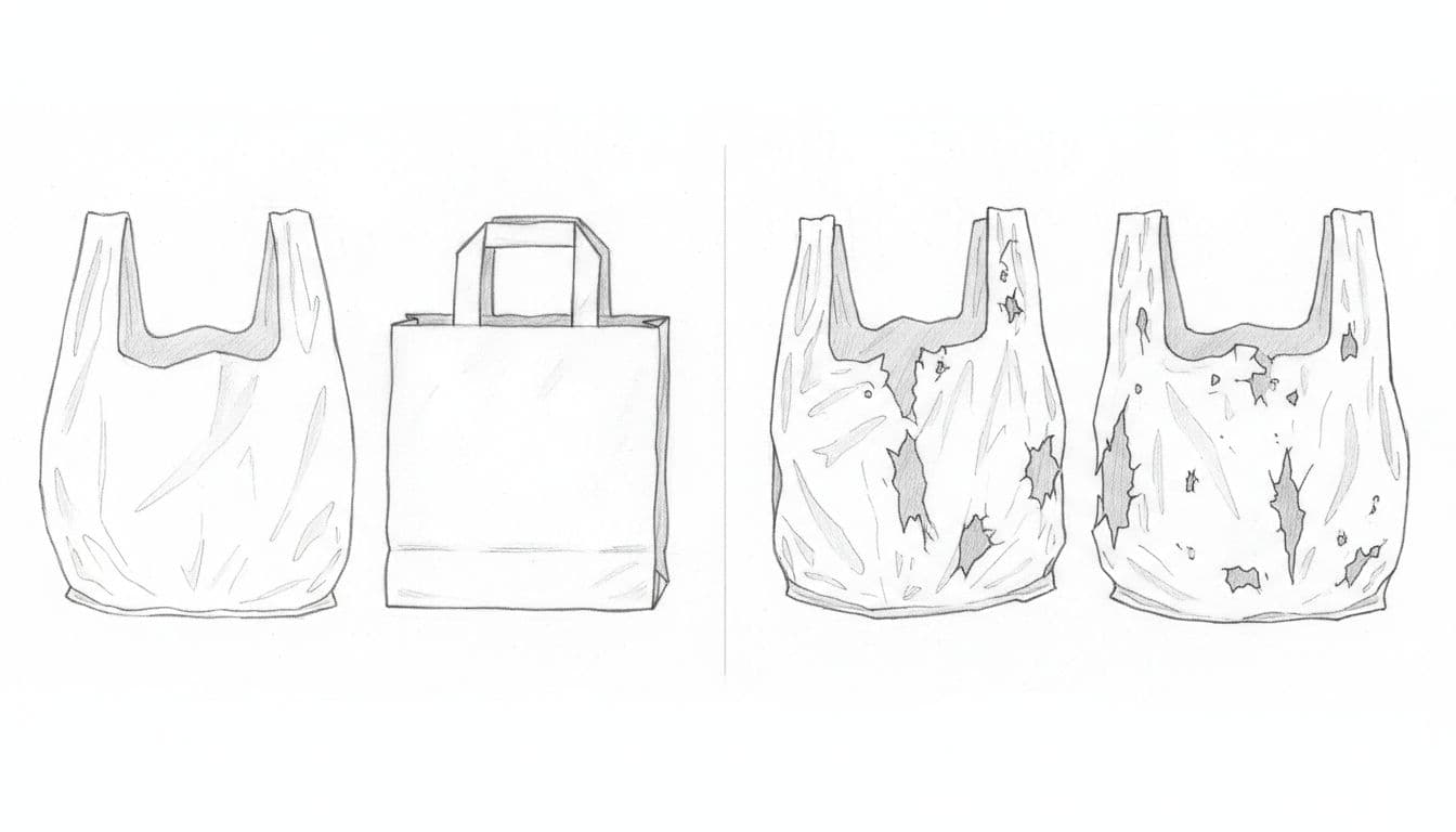 Hand-drawn graphite sketch comparing smooth standard grocery bags (left) and brittle torn bags (right) for plarn production, overhead view on white paper.