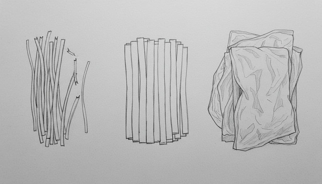 Hand-drawn graphite sketch on light gray paper comparing narrow thin plarn strips that snap easily, bulky wide thick strips, and consistent medium-width strips laid out left to right on a table.