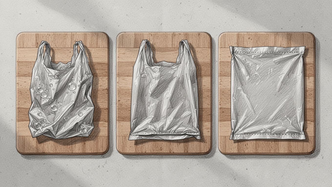 Hand-drawn sketch illustrating the proper process of flattening a plastic grocery bag on a cutting surface in three side-view panels: initial wrinkled bag with air pockets, then smoothed flat with sides tucked and bottom seam aligned.