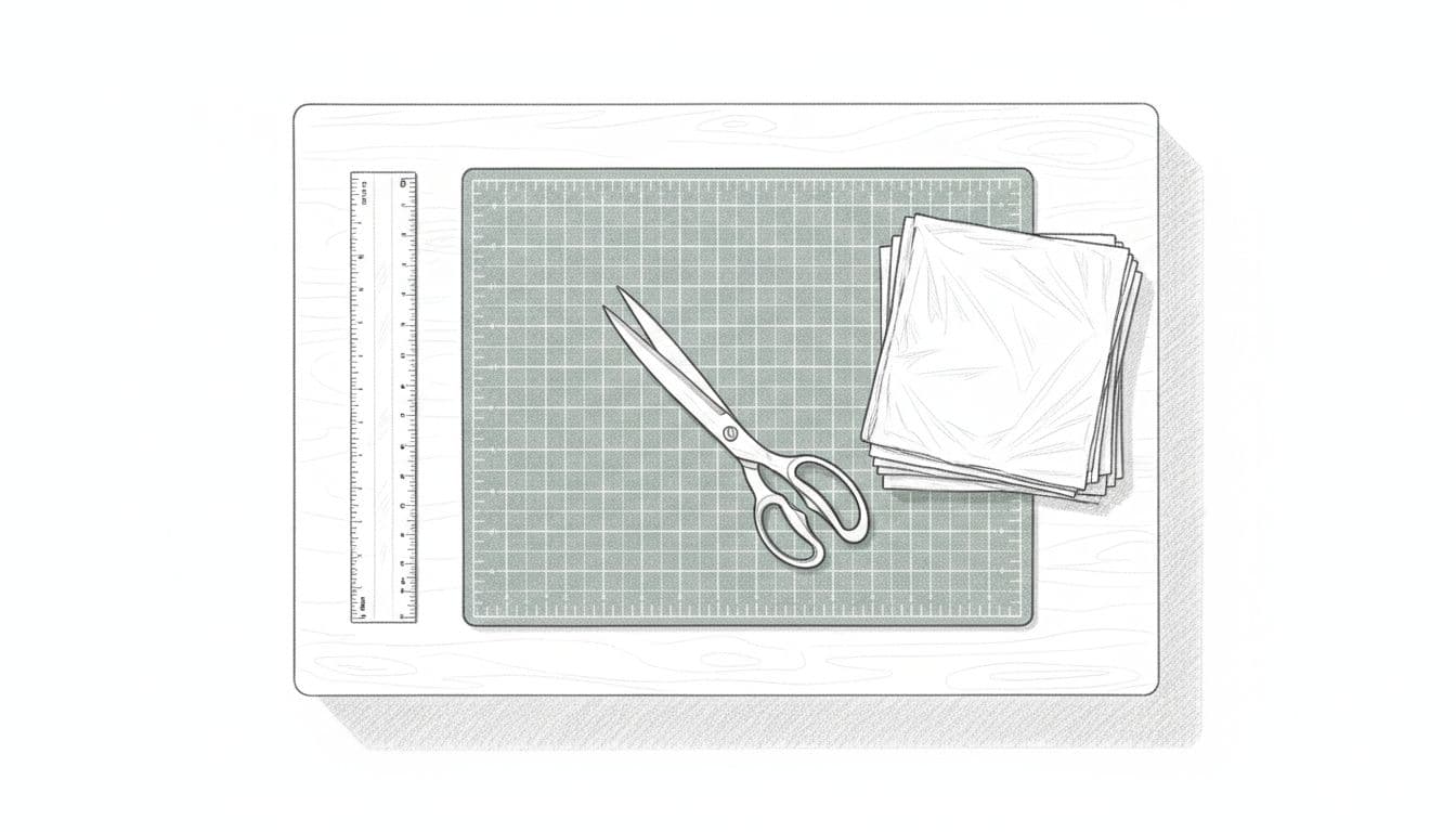 Hand-drawn graphite sketch of a safe plarn cutting workspace on a stable table, featuring self-healing mat, ruler, folded plastic bags, and safely placed scissors, top-down view with light shading.