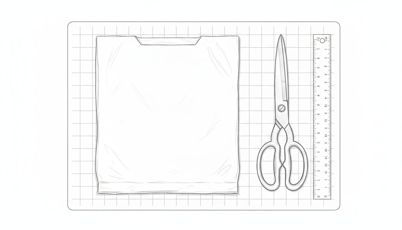Hand-drawn graphite sketch of a folded plastic grocery bag with handles and bottom trimmed off, lying flat on a cutting mat beside scissors and ruler, top-down view ready for cutting into plarn loops.