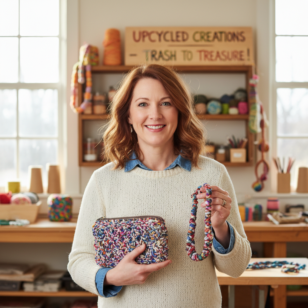Eco-crafter working with colorful recycled yarn